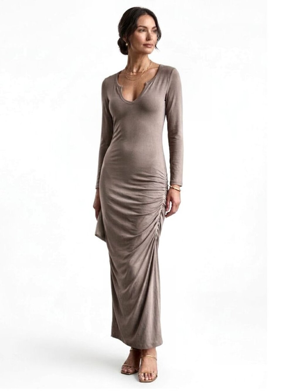 James Perse Cotton Spandex Asymmetric Ruched Side Dress, Gray, Womens Size 2
